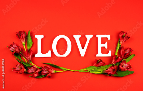 The word love on a red background with alstroemeria flowers