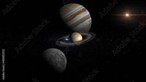 rare conjunction between mercury, jupiter and saturn , 3d illustration