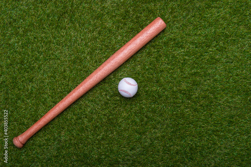 Baseball bat and ball on green grass field. Sport theme background with copy space for text and advertisment