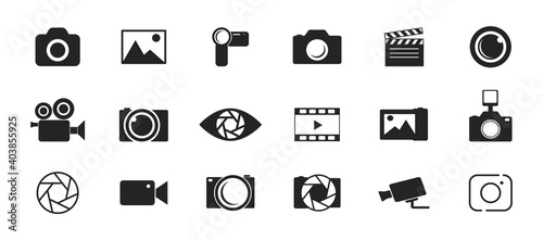 Photo and video icon set. Icons of photography, image, photo gallery, video camera and photo camera. Diaphragm icon. image, photo gallery Vector illustration.