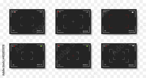 Set of camera frame viewfinder. Video recording screen. Photo camera viewfinders. Modern focusing screen. Vector illustration.