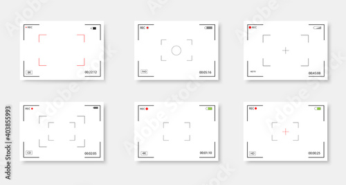 Set of camera frame viewfinder. Video recording screen. Photo camera viewfinders. Modern focusing screen. Vector illustration.