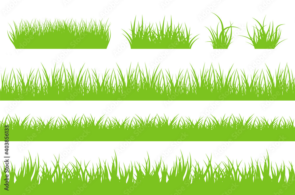Fototapeta Set of green grass. Silhouette of grass. Green lawn panoramic landscape. Template with herbal border for your design. Vector illustration.