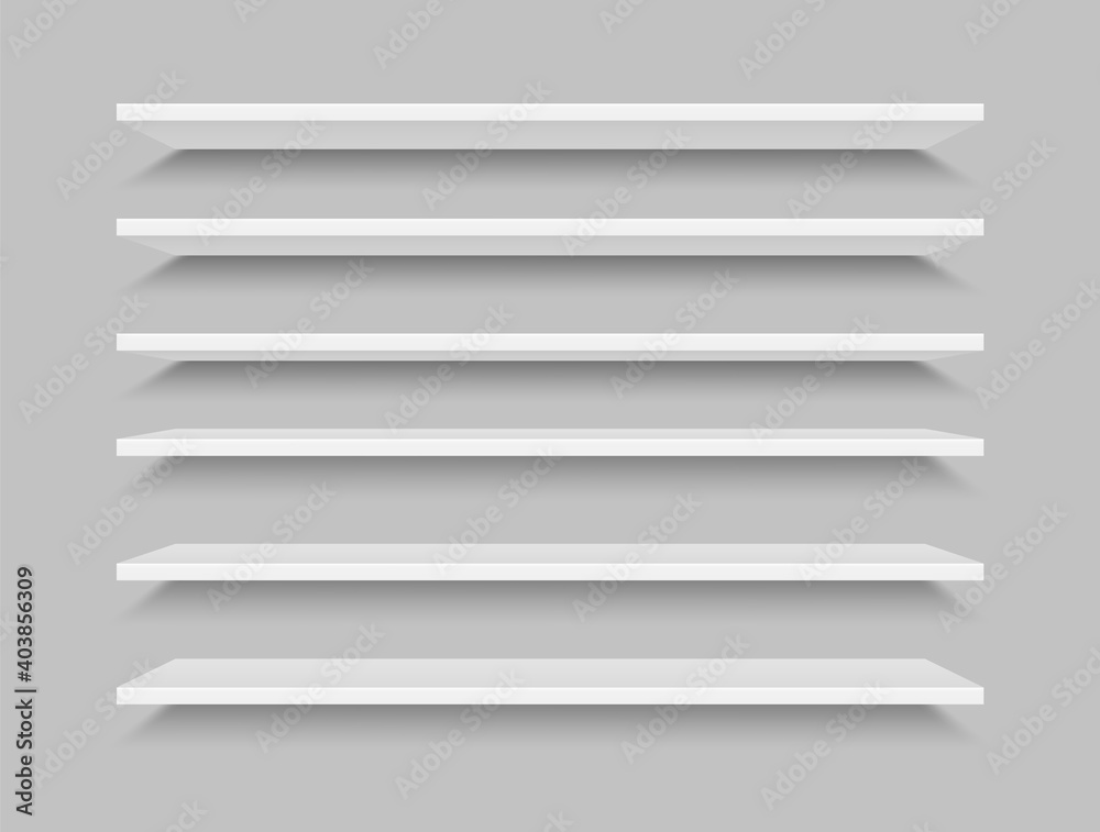 Set of white realistic shelves. 3d empty store shelf. Wall showcases. Supermarket retail shelves. Plastic shelving. Mock up bookshelf front view. Stand of a store. Set of white realistic shelves. 3d empty store shelf. Wall showcases. Supermarket retail shelves. Plastic shelving. Mock up bookshelf front view. Stand of a store.
