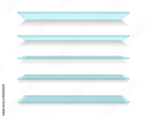Set of glass realistic shelves. Empty store shelving. Wall showcases. Supermarket retail shelves. Stand of a store. Vector illustration.