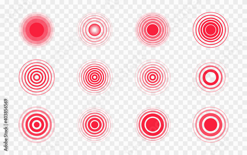Pain red circles. Pain localization sign and pain pointings. Red rings. Sonar waves. Set of radar icons. Symbols for medical design. Vector illustration.