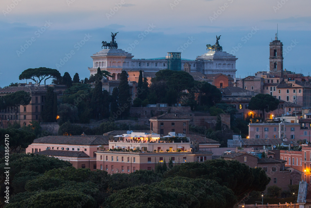Colorful view of Rome at sunset. Skyline showing the Victor Emmanuel II Monument in the distance, Rome, Italy