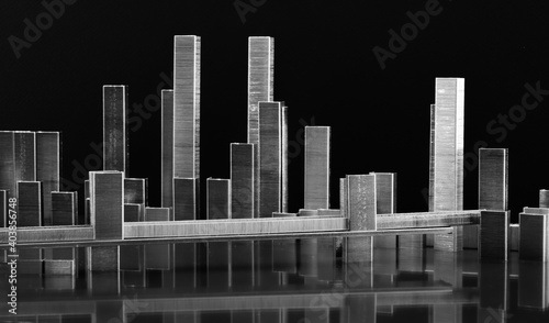 Panorama de b  timents et paysage urbain sur fond noir en agrafes en m  tal avec   clairage de nuit et reflets. Projet d architecture  construction  d  veloppement  concept urbain  immobilier  affaires. 