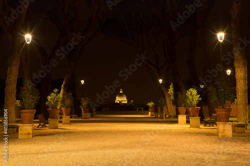 Orange Gardens on Aventine hill at night. The Savello Park of Rome also known as the Garden of Oranges is a romantic garden with breathtaking views of Rome, Italy photo
