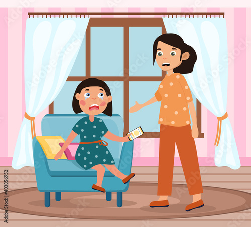 Young girl addicted to her mobile phone being scolded by her mother who is demanding she hand it over, colored cartoon vector illustration