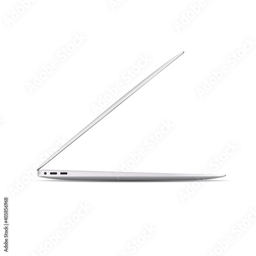 Laptop side view. Thin notebook computer isolated on white background. High detailed