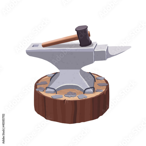 A blacksmith's hammer. Anvil on a wooden stand. Blacksmithing. Vector illustration on a white background.