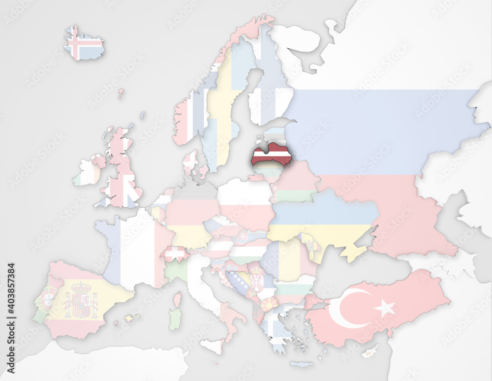Fototapeta premium 3D Europakarte auf der Lettland hervorgehoben wird und die restlichen Flaggen transparent sind