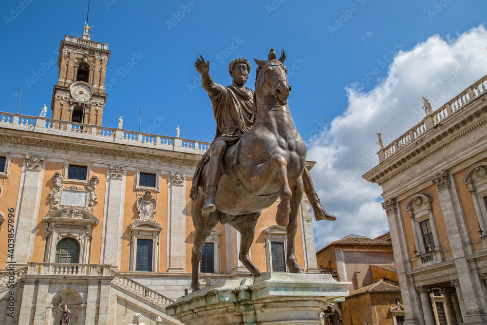 Statue of Marcus Aurelius on the Capitoline Hill. The equestrian statue of Marcus Aurelius in front of the Senatorial Palace, Rome, Italy