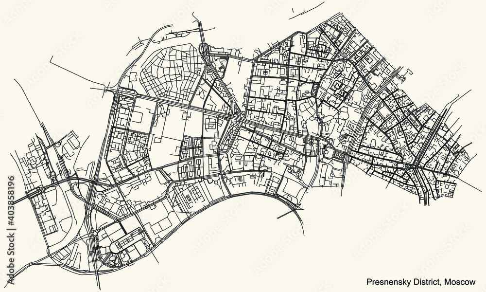 Naklejka premium Black simple detailed street roads map on vintage beige background of the neighbourhood Presnensky District of the Central Administrative Okrug of Moscow, Russia