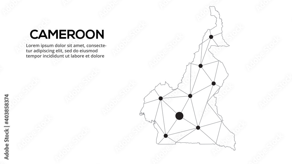 Cameroun communication network map. Vector image of a low poly global map with city lights. Map in the form of lines and dots