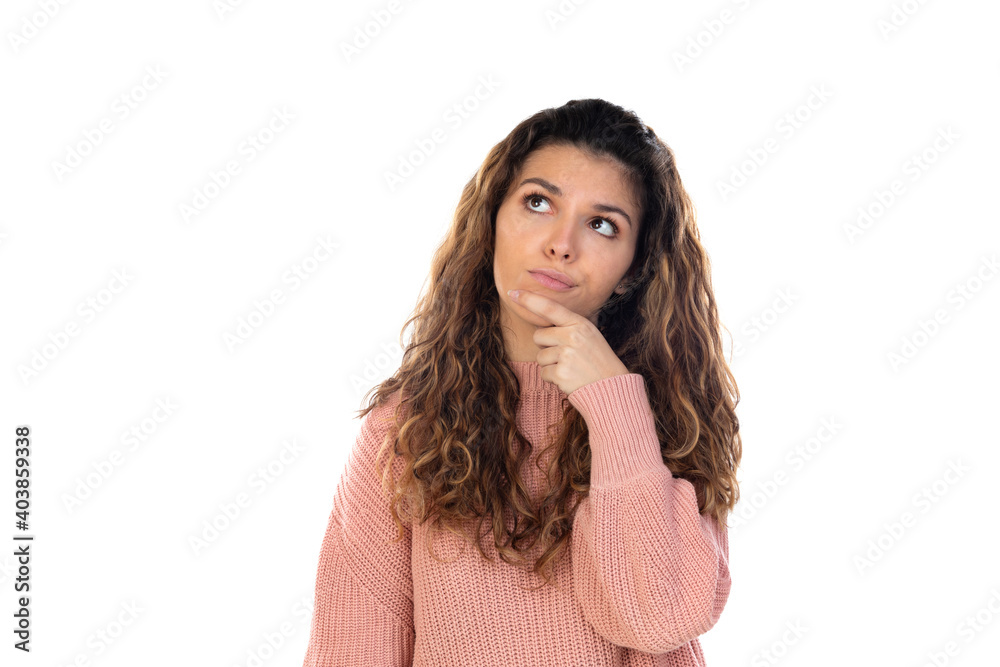 Beautiful middle aged woman with pink woolen sweater Beautiful middle aged woman with pink woolen sweater