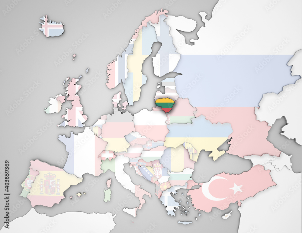 Fototapeta 3D Europakarte auf der Litauen hervorgehoben wird und die restlichen Flaggen transparent sind