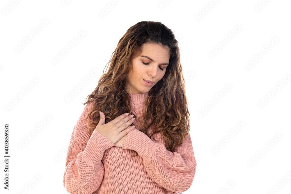 Beautiful middle aged woman with pink woolen sweater