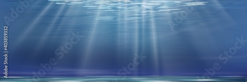 Under water with wave in deep blue on the island, Cartoon ocean with sun rays shining, Abstract marine design template for summer with blue ocean, under the sea background, Vector mesh horizontal