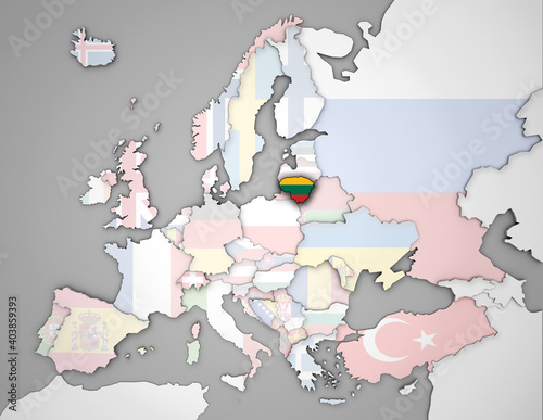 3D Europakarte auf der Litauen hervorgehoben wird und die restlichen Flaggen transparent sind