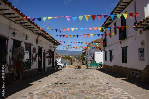 The cobblestone streets in charming colonial Villa de Leyva, Boyaca, Colombia