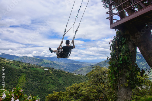 Enjoying the Swing at the End of the World, Casa de Arbol, Baños de Agua Santa, Ecuador