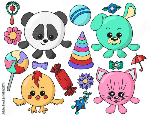 Set of cute hand drawn round animals (panda, dog, chicken, cat), flowers and baby toys in doodle style. Colorful isolated flat cartoon vector illustration	