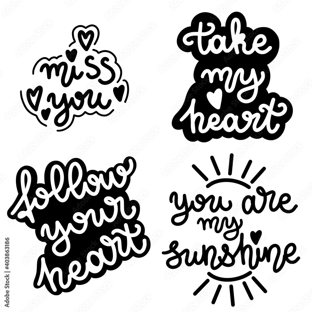 Vector set of lettering about love. Valentines Day. Black and white lettering. Vector illustration