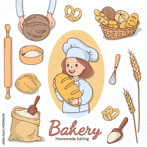 Woman baker with a loaf of bread, various baked goods and baking accessories. The set for the bakery, advertising, website.