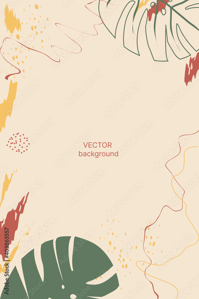 Abstract background template with elements of tropical leaves. Design for wallpaper, wrapping paper, clothing, fill, decor. Vector flat illustration