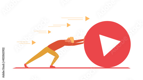 Fényképezés Blogger pushes big play button. Vlogger as sisyphus.