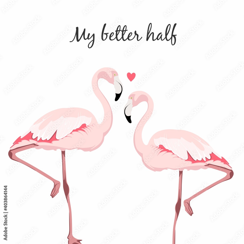 Fototapeta premium Valentine Day greeting card with flamingo love couple. Loving couple of exotic pink birds forming heart shape and kisses. Romantic card, poster or wedding invitation design.