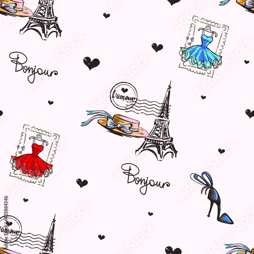 Abstract seamless Paris pattern. Eigel tower repeats print for fashion textile, clothes, wrapping paper.