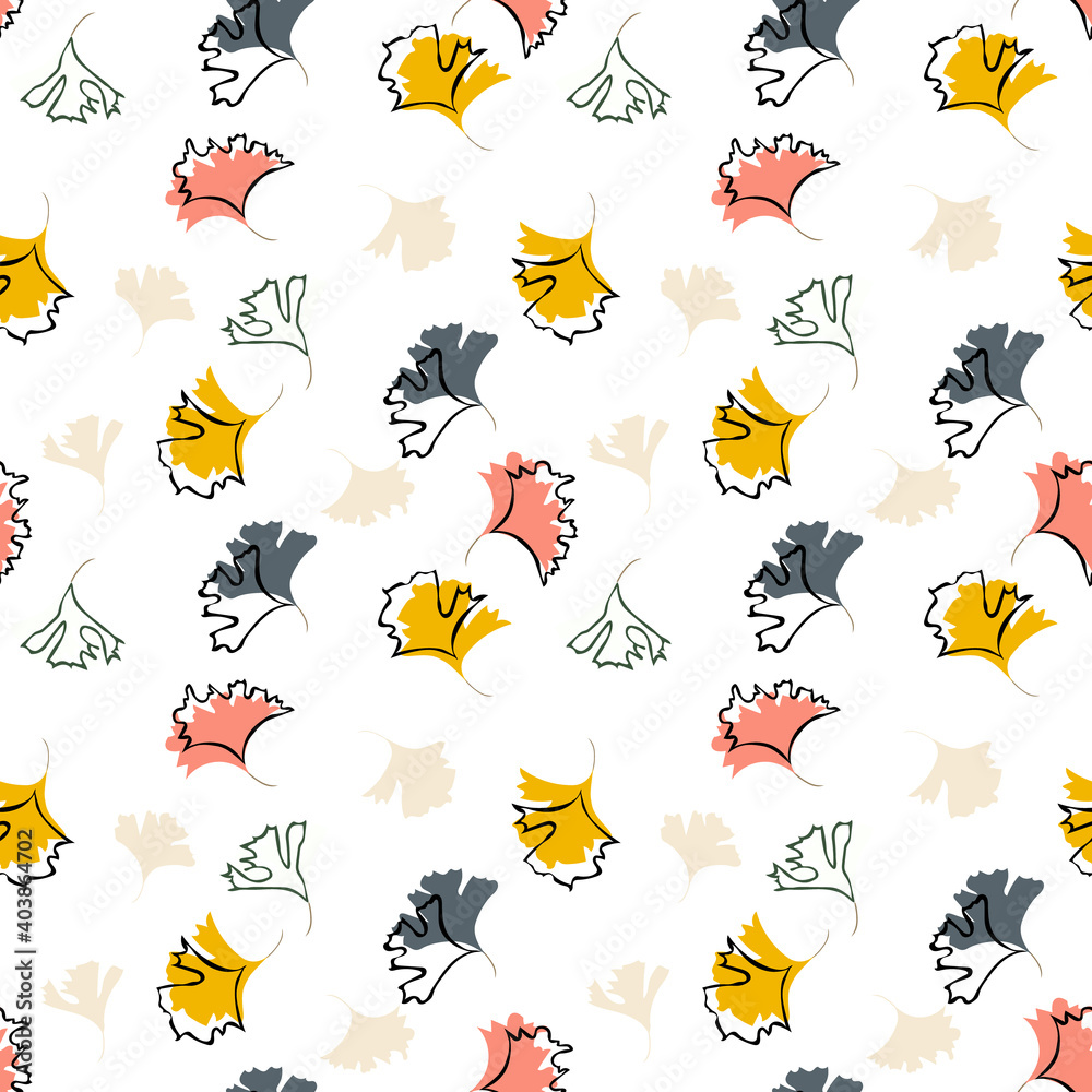 Autumn leaves background. Vector seamless pattern with small colorful leaf silhouettes. Elegant abstract ornament texture in pastel colors, white, green, yellow, orange. Repeat design for decor, print