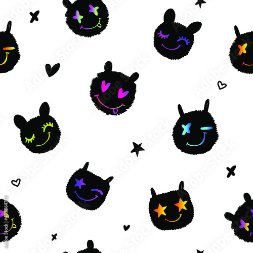 Abstract seamless vector pattern with fluffy emotions faces. Cartoon characters with stars and hearts eyes, happy and fun. Repeated kids wrapping paper.