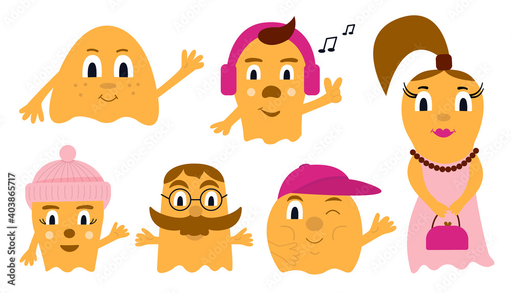 Set of cheerful yellow and bright creature with headphones listening to music, in a pink hat and cap, with round glasses and in a dress with beads.