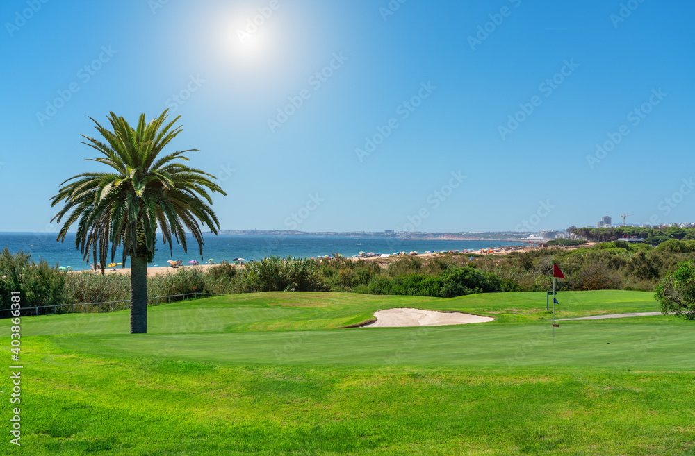 Resort luxury beaches, golf courses with palm trees, overlooking the sea for tourists to relax. Portugal algarve