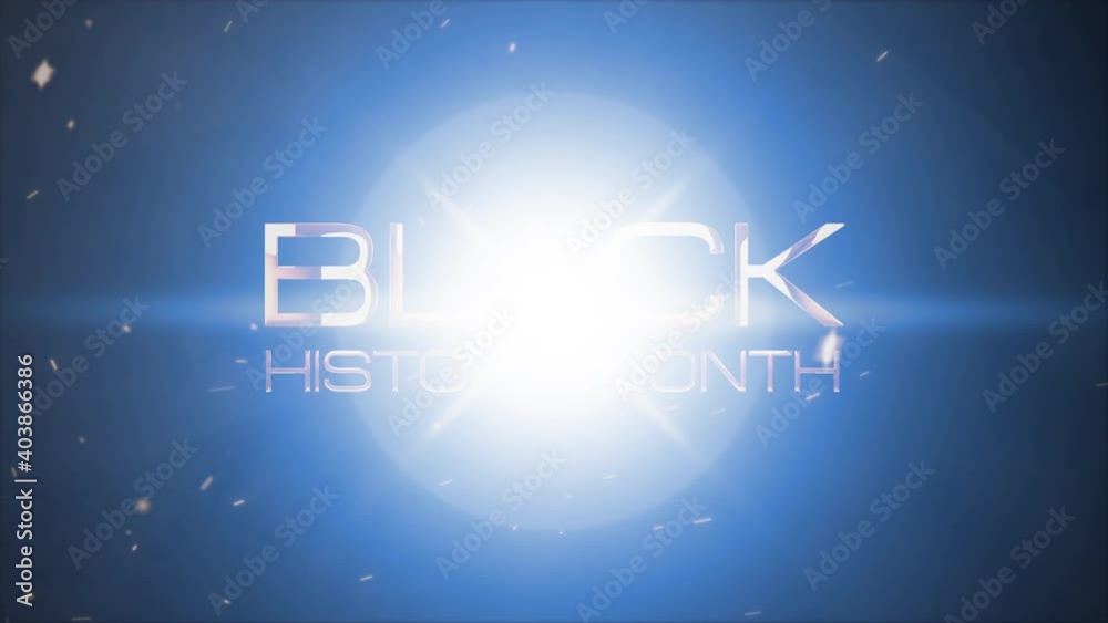 Black History Month 3D Cinematic abstract intro footage background concept. 4K 3D rendering with golden Black History Month gold text with optical blue flare burst light for opening title trailer.
