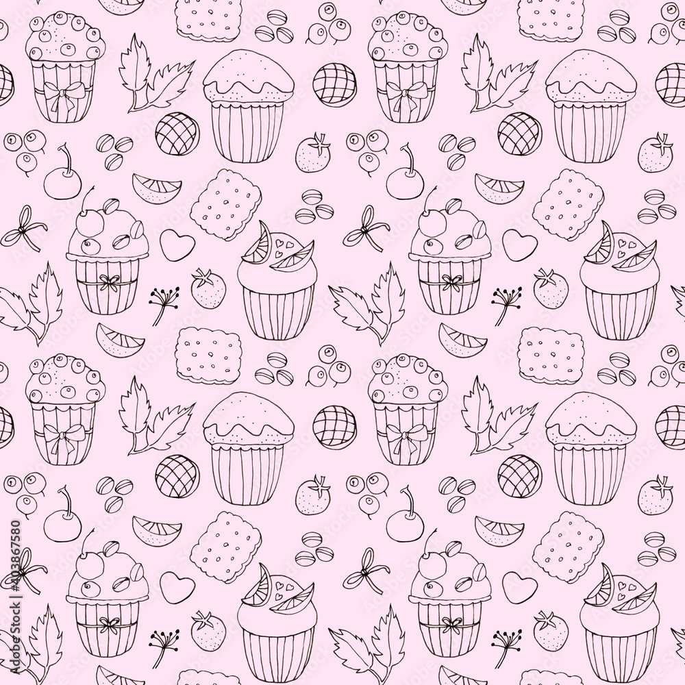 Seamless pattern with muffins, cookies, spices and berries on light pink background. Cute, pattern design, hand drawn line art. For fabric, wrapping paper, wallpapers. Seamless pattern with muffins, cookies, spices and berries on light pink background. Cute, pattern design, hand drawn line art. For fabric, wrapping paper, wallpapers.