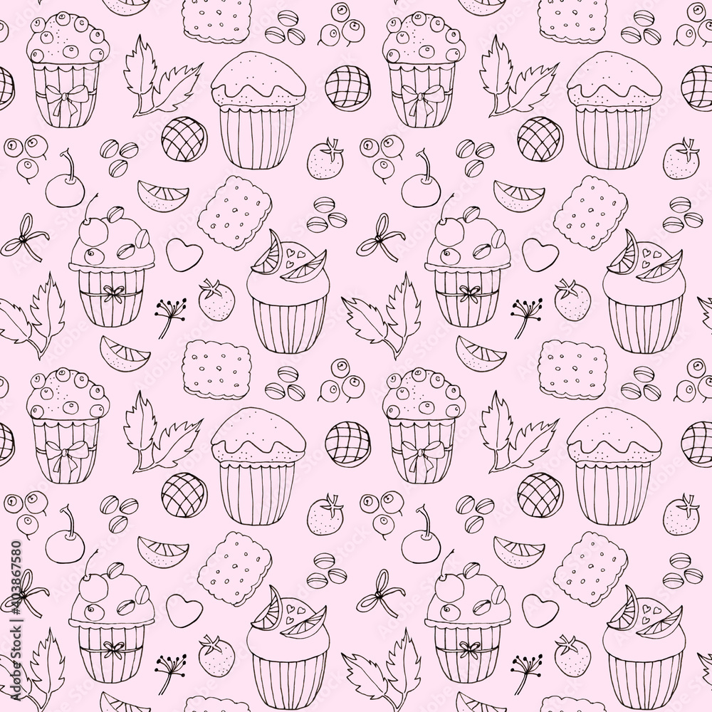 Seamless pattern with muffins, cookies, spices and berries on light pink background. Cute, pattern design, hand drawn line art. For fabric, wrapping paper, wallpapers.