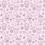 Seamless pattern with muffins, cookies, spices and berries on light pink background. Cute, pattern design, hand drawn line art. For fabric, wrapping paper, wallpapers.