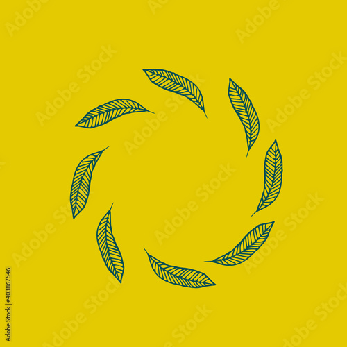 Line drawn doodle wreath of  leaves on aquamarine background pattern. Good for packaging