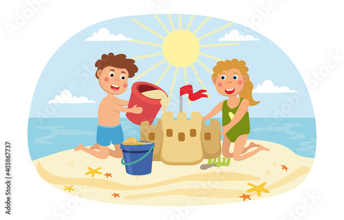 Young brother an sister building a sand castle on a tropical beach at the seaside on a hot sunny summer day, colored cartoon vector illustration