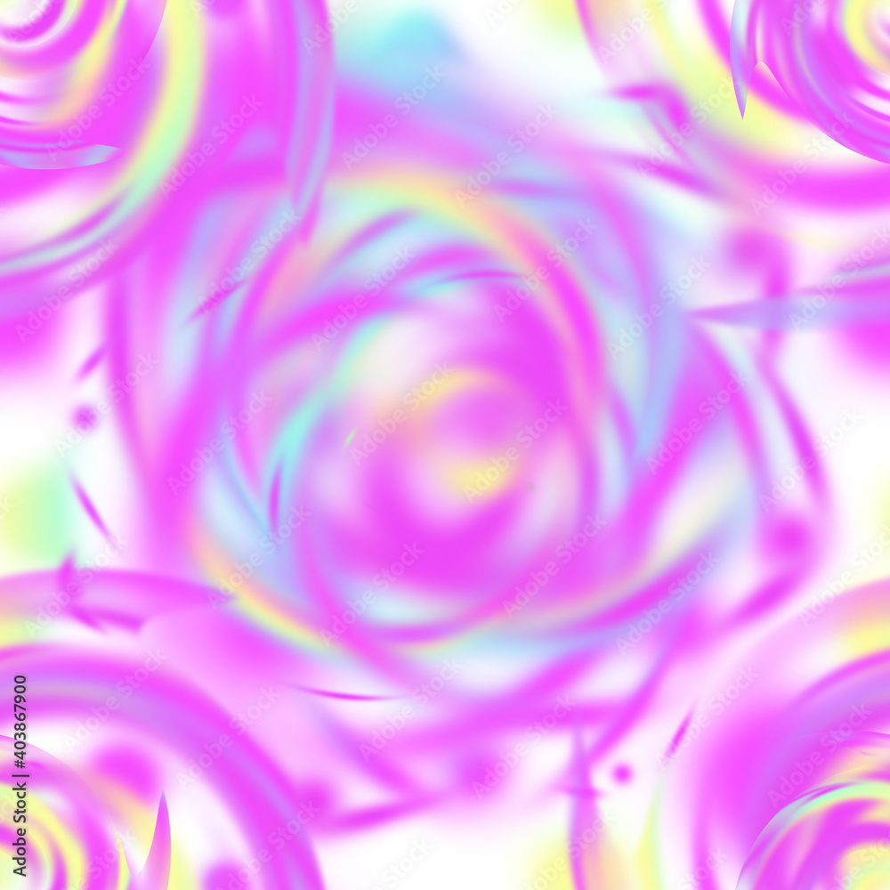 Seamless pattern of blurry rainbow lines and swirling spots on a white background. Raster illustration. Distortion effect.