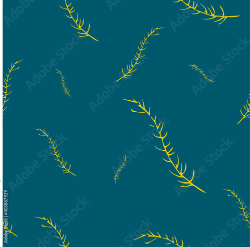 Line drawn doodle yellow leaves on bright aquamarine background. Seamless summer cute pattern. Good for packaging