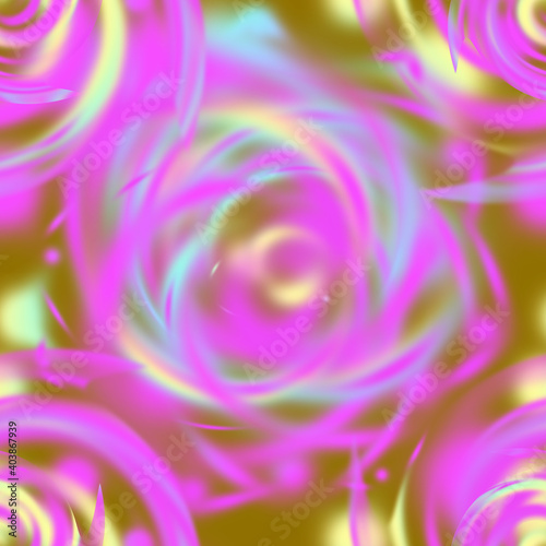 Seamless raster pattern of blurry rainbow lines and swirling spots on a gold background. Festive illustration. Distortion effect.