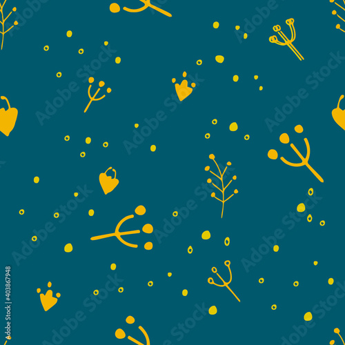 Line drawn doodle elements yellow hearts and branches on bright aquamarine background. Seamless summer cute pattern. Good for packaging