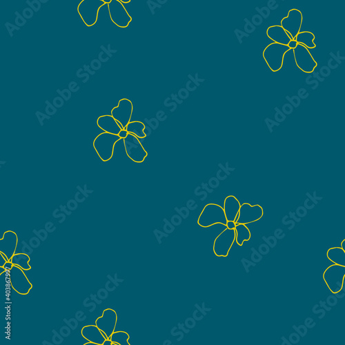 Line drawn doodle flowers on bright aquamarine background. Seamless summer cute pattern. Good for packaging