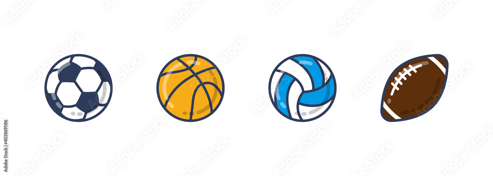 Sports balls icons set. Soccer, basketball, volleyball and football